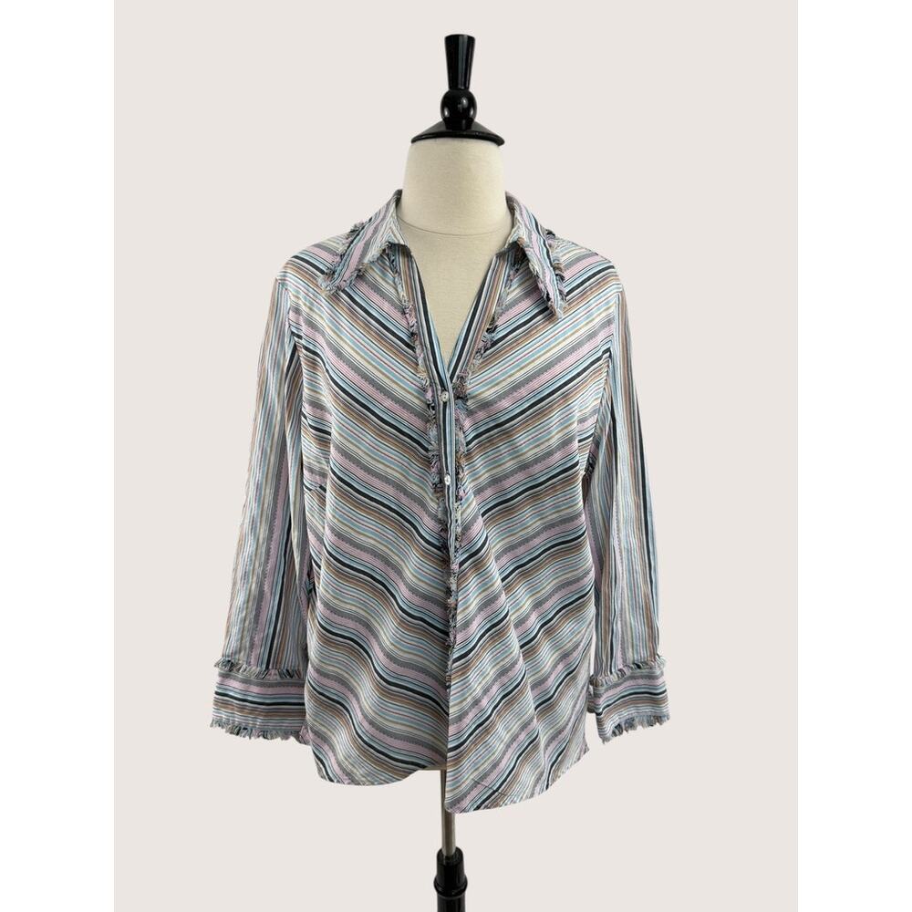 Nordstrom Encore Boho Chevron Striped Button Up with Fringe Detail, Size 2X